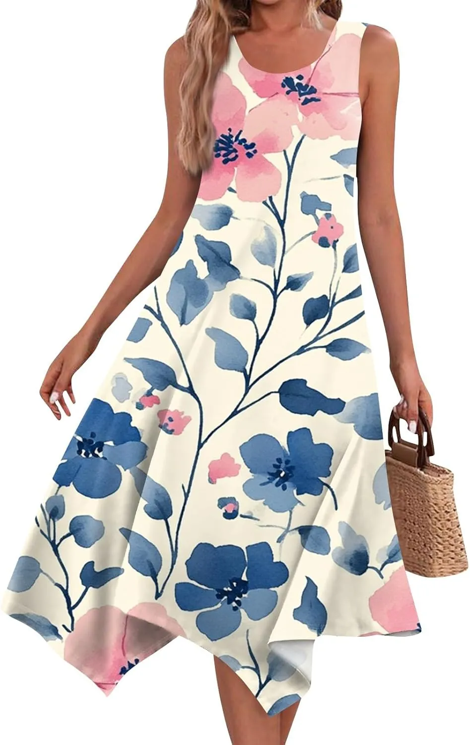 Tank Dress for Women Summer Midi Sleeveless Irregular Hem Plus Size Dress U-Neck Cocktail Dresses A Line with Pockets