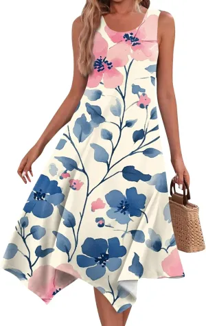 Tank Dress for Women Summer Midi Sleeveless Irregular Hem Plus Size Dress U-Neck Cocktail Dresses A Line with Pockets