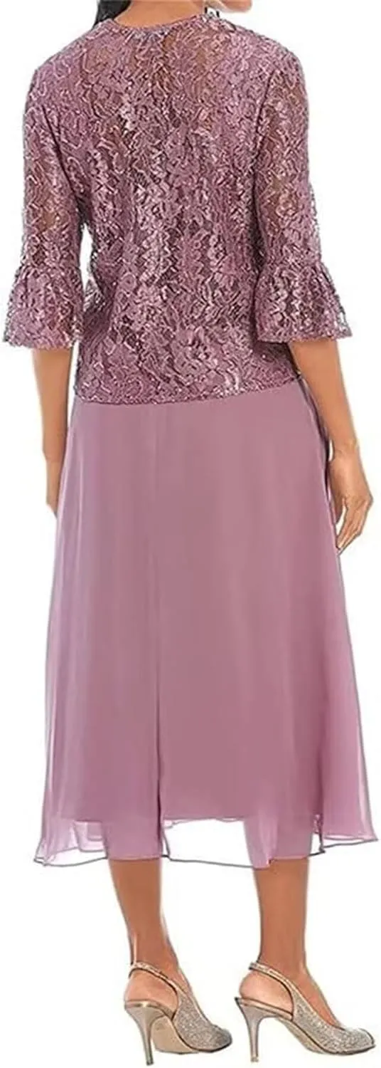 Tea Length Mother of The Bride Dresses for Women with Jacket Chiffon Wedding Guest Dress Lace Formal Dress