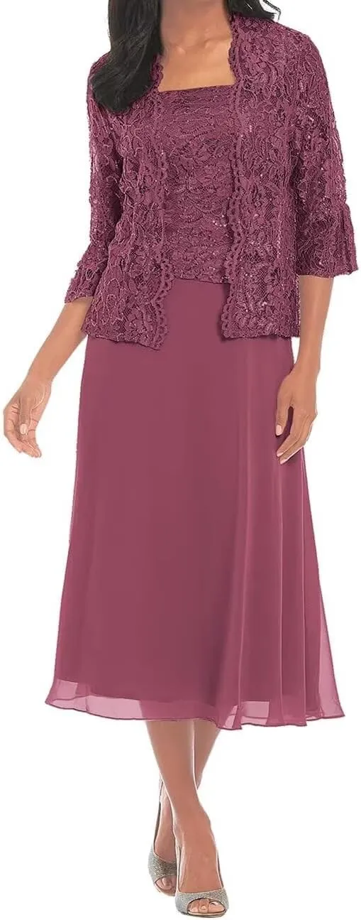 Tea Length Mother of The Bride Dresses for Women with Jacket Chiffon Wedding Guest Dress Lace Formal Dress