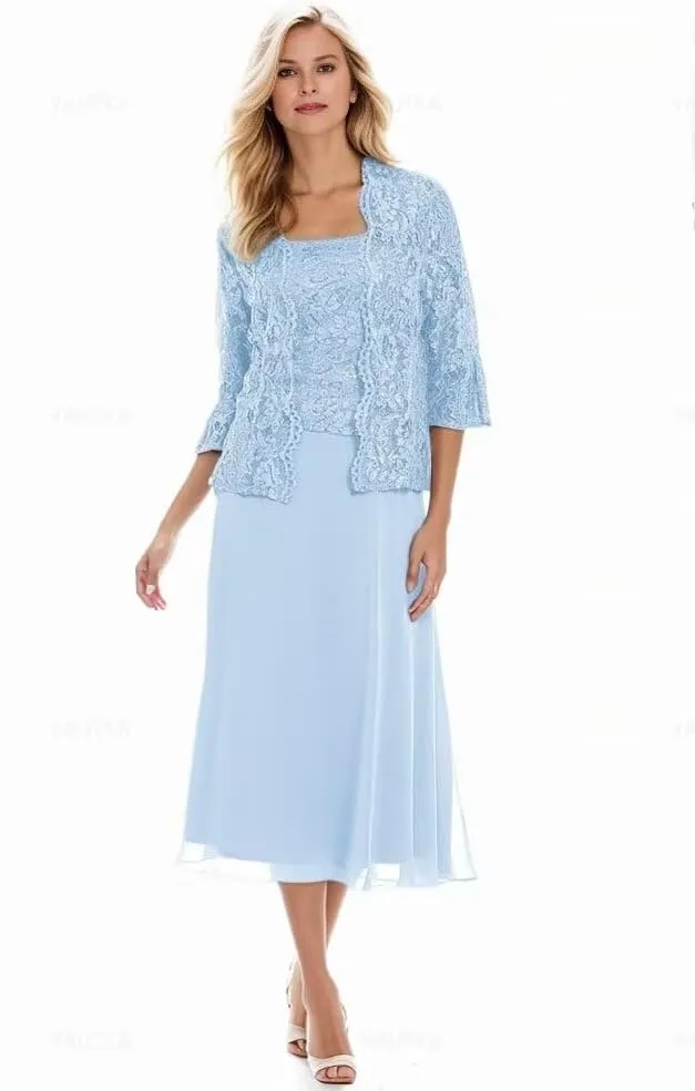 Tea Length Mother of The Bride Dresses for Women with Jacket Chiffon Wedding Guest Dress Lace Formal Dress