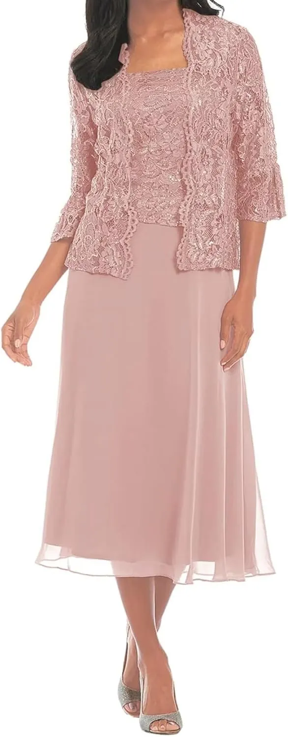 Tea Length Mother of The Bride Dresses for Women with Jacket Chiffon Wedding Guest Dress Lace Formal Dress