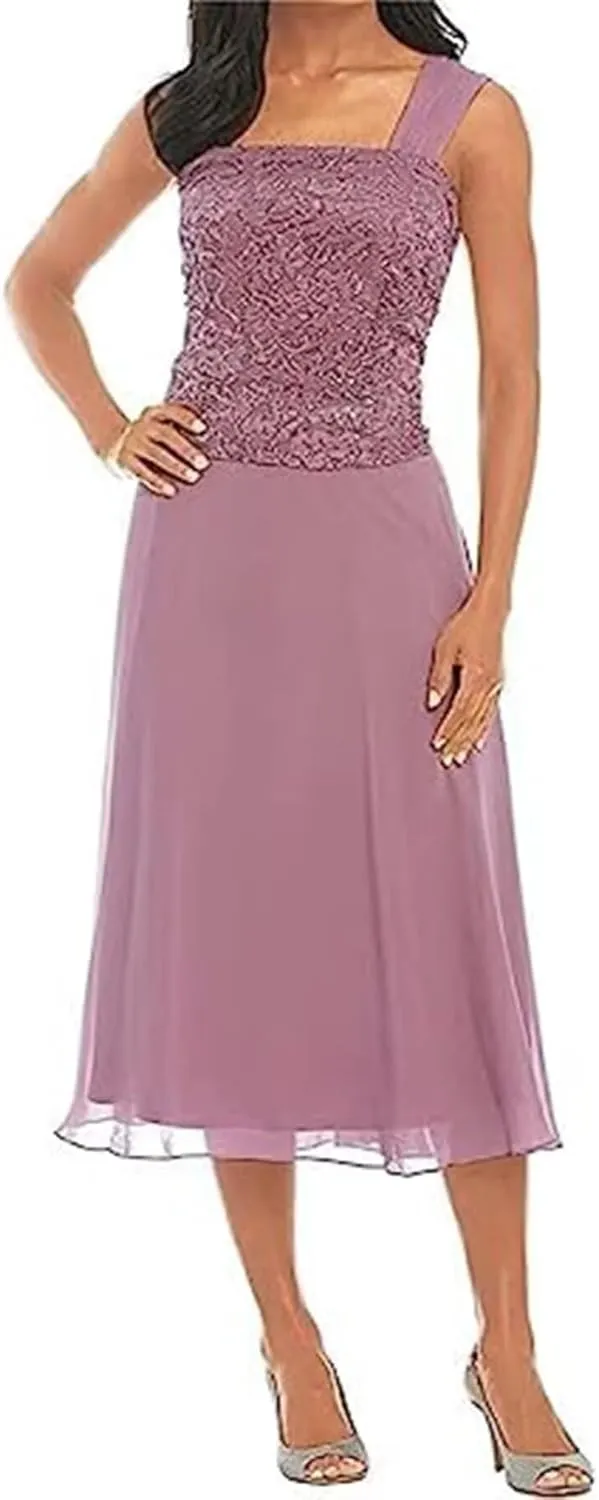 Tea Length Mother of The Bride Dresses for Women with Jacket Chiffon Wedding Guest Dress Lace Formal Dress