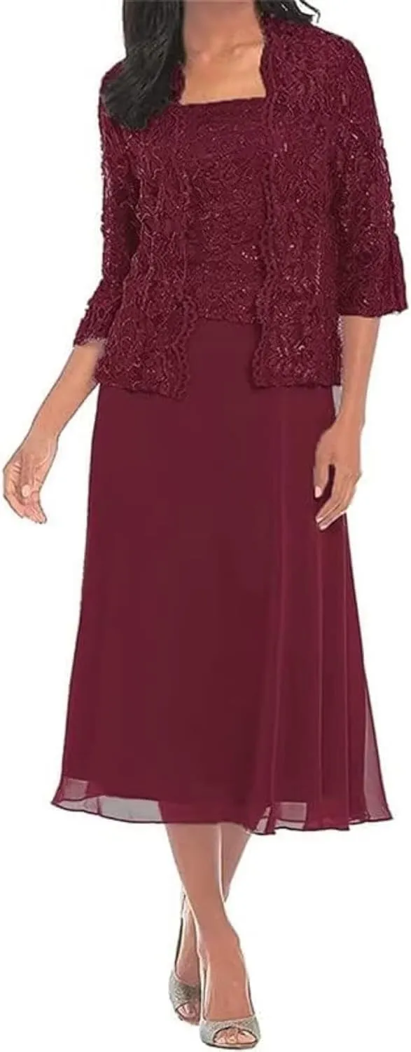 Tea Length Mother of The Bride Dresses for Women with Jacket Chiffon Wedding Guest Dress Lace Formal Dress