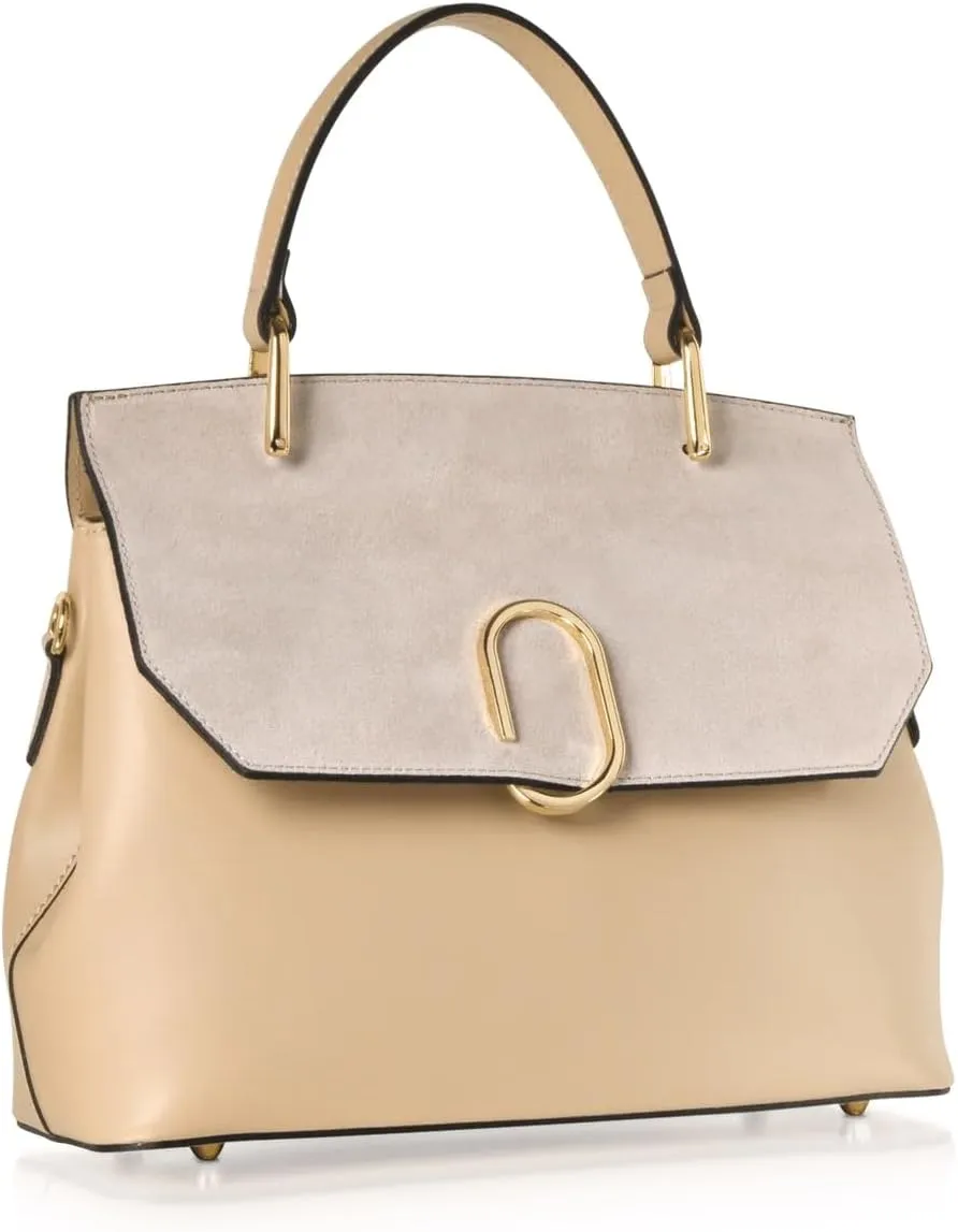 Thais Suede and Leather Satchel Bag, 11.8 x 9.1 x 4.3 inches, Goldtone Hardware