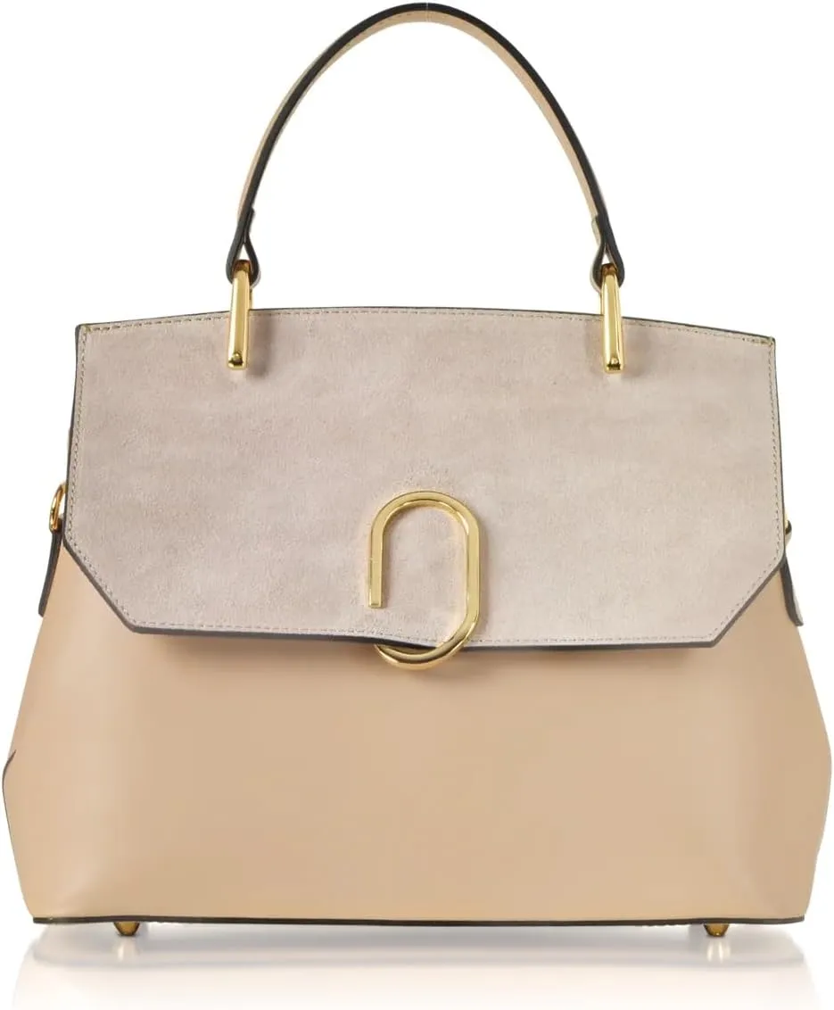 Thais Suede and Leather Satchel Bag, 11.8 x 9.1 x 4.3 inches, Goldtone Hardware