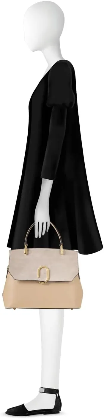 Thais Suede and Leather Satchel Bag, 11.8 x 9.1 x 4.3 inches, Goldtone Hardware