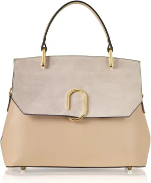 Thais Suede and Leather Satchel Bag, 11.8 x 9.1 x 4.3 inches, Goldtone Hardware