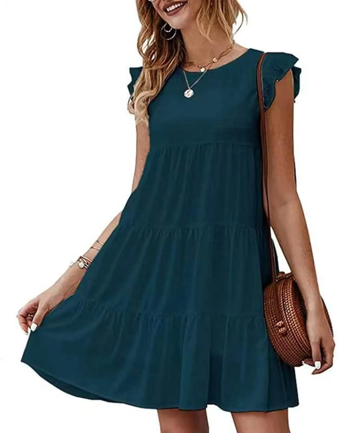 Tiered Dresses for Women Summer Trendy Ruffle Sleeve Mini Dress Casual Loose Flowy Swing Vacation Dresses