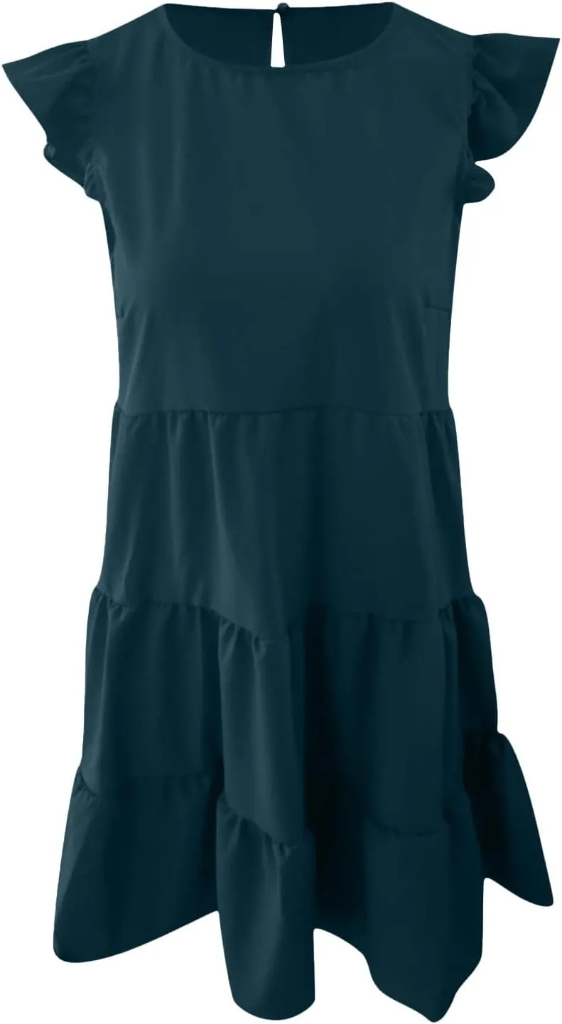 Tiered Dresses for Women Summer Trendy Ruffle Sleeve Mini Dress Casual Loose Flowy Swing Vacation Dresses