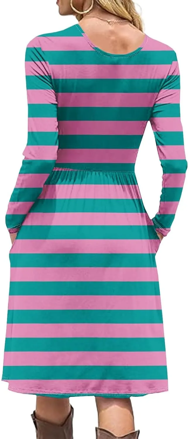 Trendy Long Sleeve Midi Dress for Women Casual Plus Size Smocked Flowy Formal Floral Pleated Swing Knee Length Dress