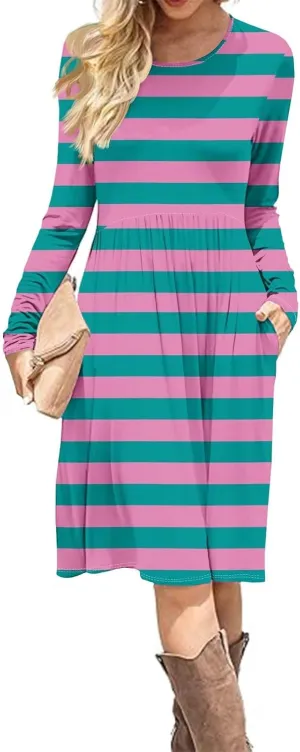 Trendy Long Sleeve Midi Dress for Women Casual Plus Size Smocked Flowy Formal Floral Pleated Swing Knee Length Dress