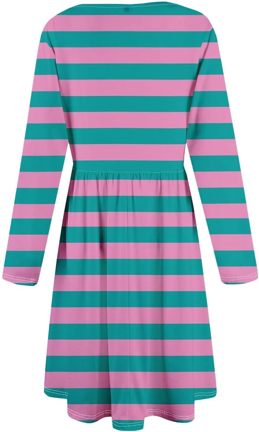 Trendy Long Sleeve Midi Dress for Women Casual Plus Size Smocked Flowy Formal Floral Pleated Swing Knee Length Dress