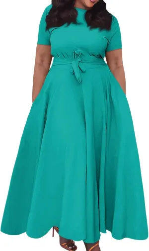 Trendy Short Sleeve Maxi Dress Casual Plus Size Crewneck Long Dress Elegant Formal A Line Smocked Flowy Party Dress