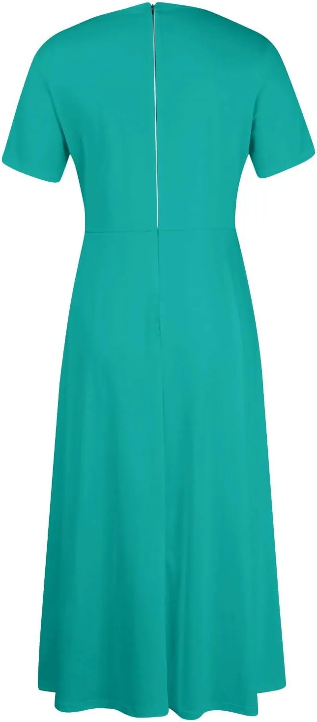 Trendy Short Sleeve Maxi Dress Casual Plus Size Crewneck Long Dress Elegant Formal A Line Smocked Flowy Party Dress
