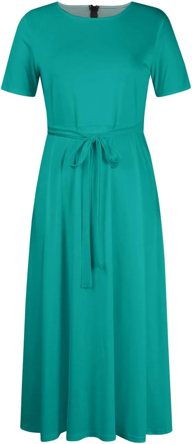 Trendy Short Sleeve Maxi Dress Casual Plus Size Crewneck Long Dress Elegant Formal A Line Smocked Flowy Party Dress
