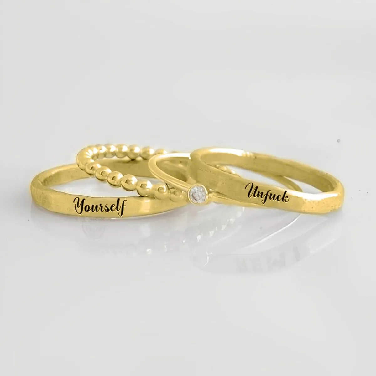 Unf ck Yourself Stacked Ring - 4 Rings Set, Women's S925 Sterling Silver Inspirational Ring Set, 4 Stackable Rings for Him and Her Jewelry Gifts