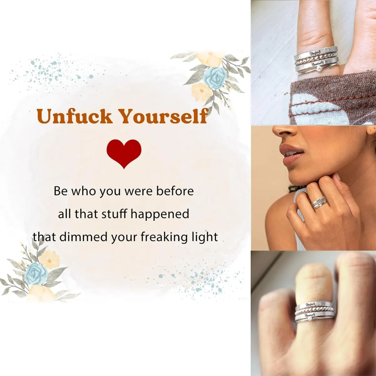 Unf ck Yourself Stacked Ring - 4 Rings Set, Women's S925 Sterling Silver Inspirational Ring Set, 4 Stackable Rings for Him and Her Jewelry Gifts