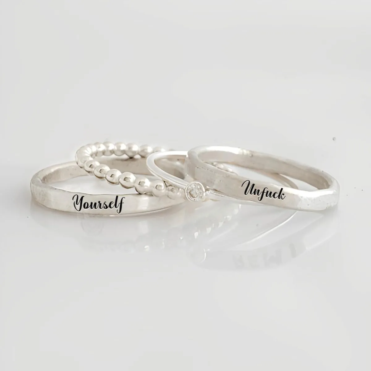 Unf ck Yourself Stacked Ring - 4 Rings Set, Women's S925 Sterling Silver Inspirational Ring Set, 4 Stackable Rings for Him and Her Jewelry Gifts
