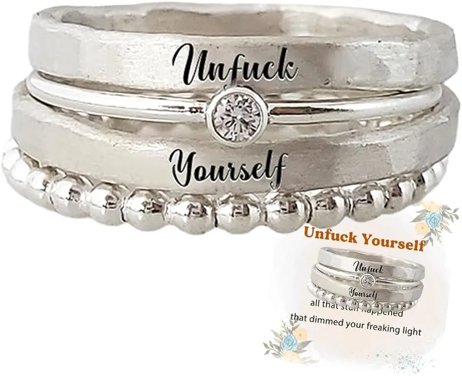 Unf ck Yourself Stacked Ring - 4 Rings Set, Women's S925 Sterling Silver Inspirational Ring Set, 4 Stackable Rings for Him and Her Jewelry Gifts