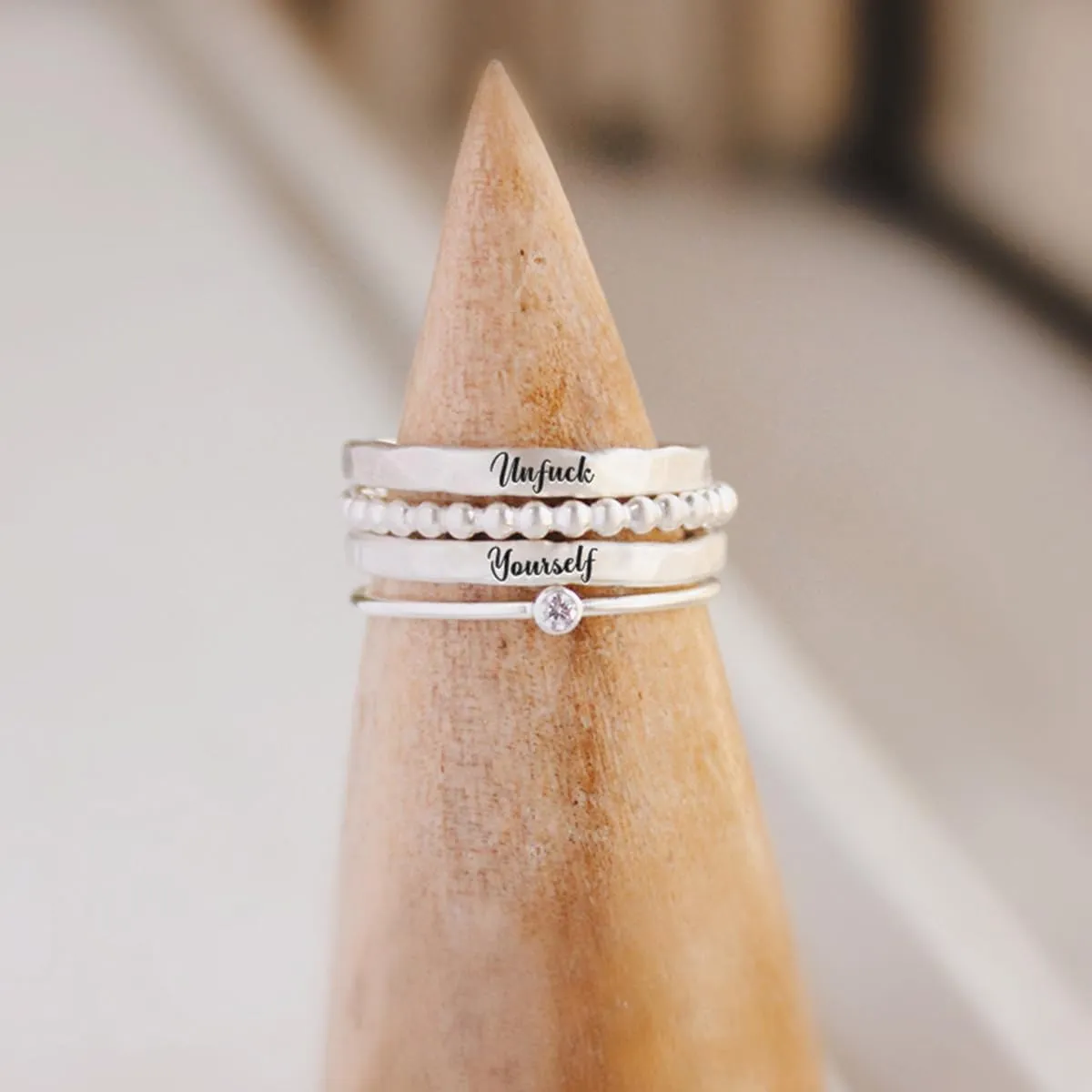 Unf ck Yourself Stacked Ring - 4 Rings Set, Women's S925 Sterling Silver Inspirational Ring Set, 4 Stackable Rings for Him and Her Jewelry Gifts