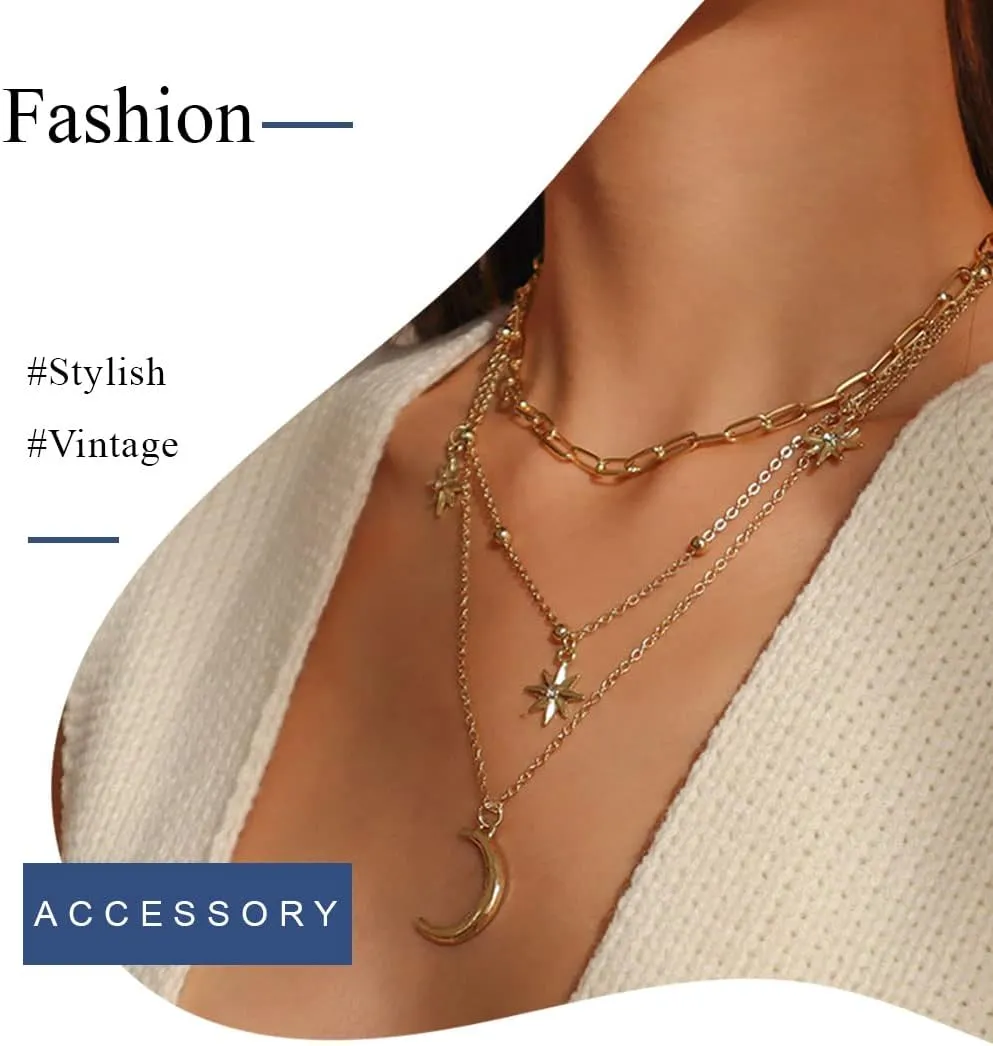 Uranian Layered Necklaces Gold Rhinestone Pendant Necklace Moon Heart Pearl Choker Necklaces Lock Key Paperclip Chain Accessories Layering Necklaces Jewelry for Women
