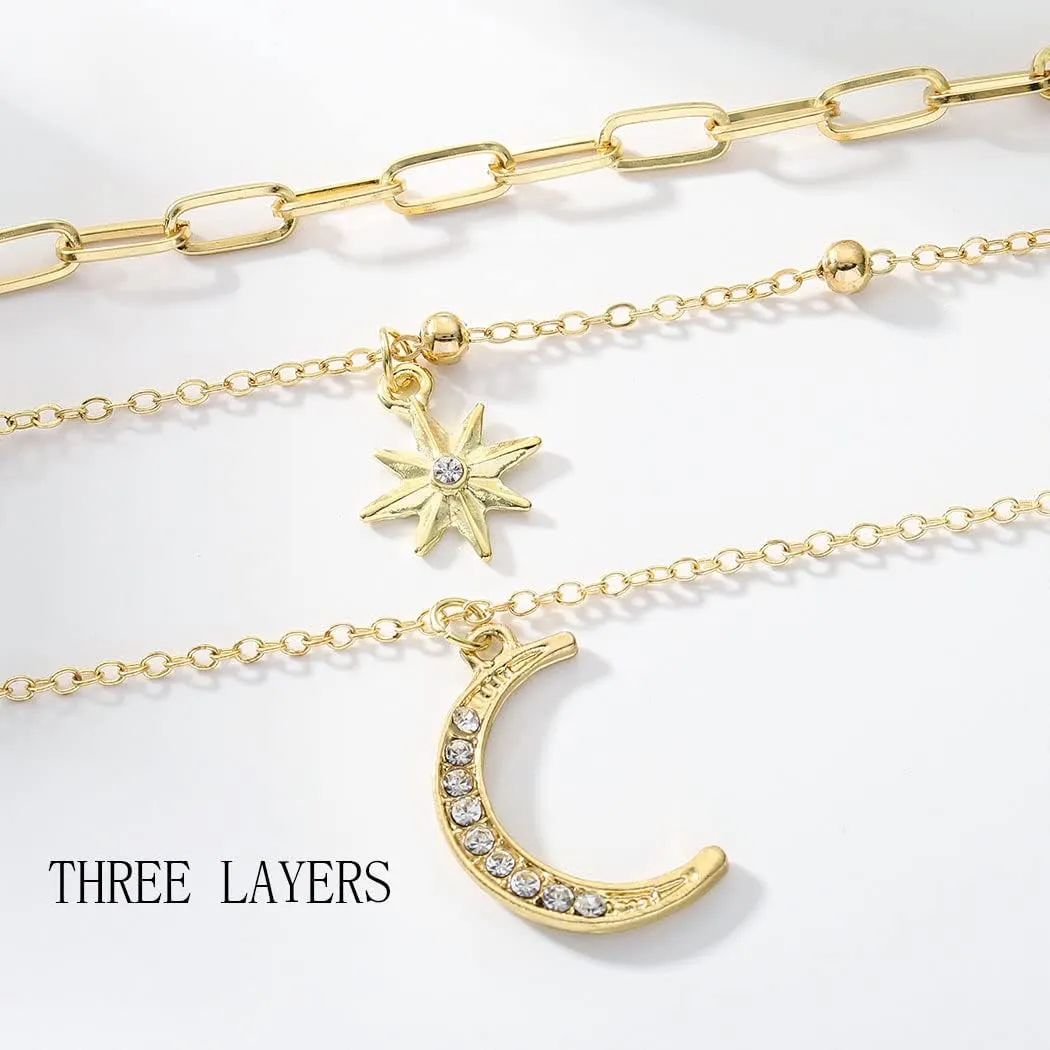Uranian Layered Necklaces Gold Rhinestone Pendant Necklace Moon Heart Pearl Choker Necklaces Lock Key Paperclip Chain Accessories Layering Necklaces Jewelry for Women
