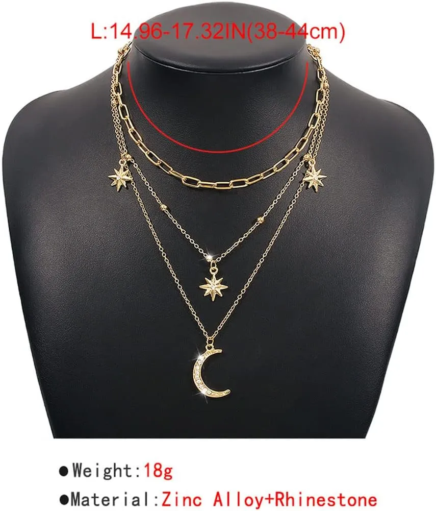 Uranian Layered Necklaces Gold Rhinestone Pendant Necklace Moon Heart Pearl Choker Necklaces Lock Key Paperclip Chain Accessories Layering Necklaces Jewelry for Women