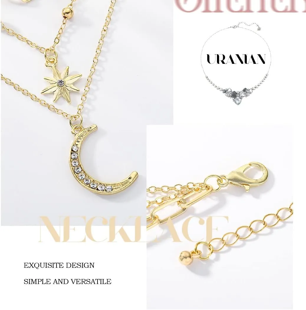 Uranian Layered Necklaces Gold Rhinestone Pendant Necklace Moon Heart Pearl Choker Necklaces Lock Key Paperclip Chain Accessories Layering Necklaces Jewelry for Women