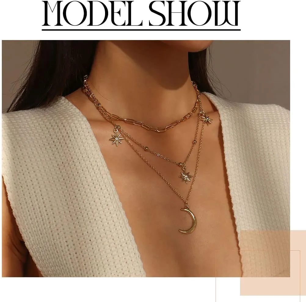 Uranian Layered Necklaces Gold Rhinestone Pendant Necklace Moon Heart Pearl Choker Necklaces Lock Key Paperclip Chain Accessories Layering Necklaces Jewelry for Women