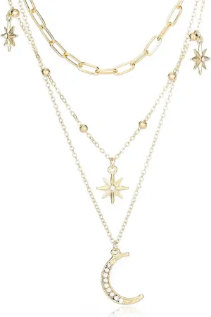 Uranian Layered Necklaces Gold Rhinestone Pendant Necklace Moon Heart Pearl Choker Necklaces Lock Key Paperclip Chain Accessories Layering Necklaces Jewelry for Women