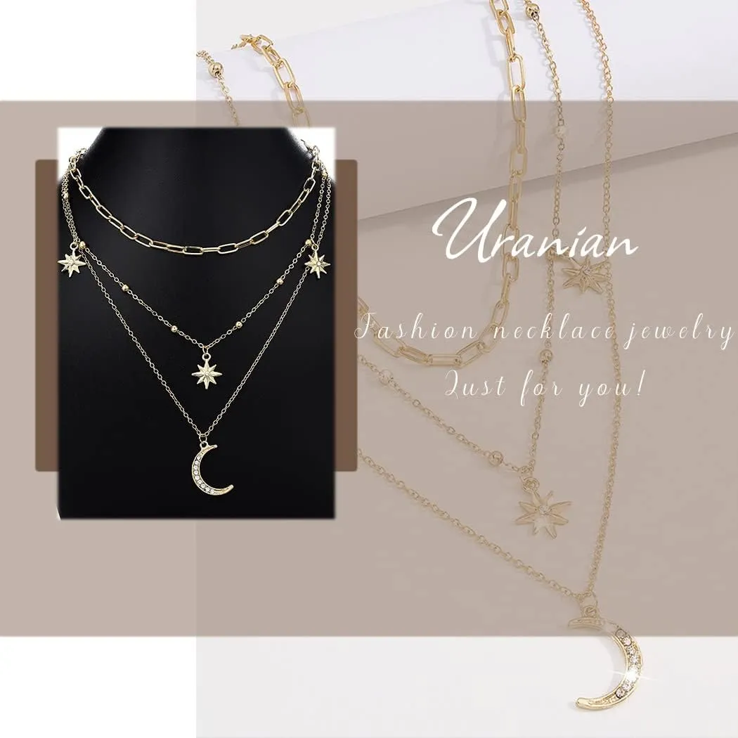 Uranian Layered Necklaces Gold Rhinestone Pendant Necklace Moon Heart Pearl Choker Necklaces Lock Key Paperclip Chain Accessories Layering Necklaces Jewelry for Women