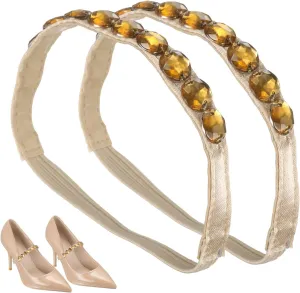 uxcell 2 Pairs High Heels Shoe Straps, Rhinestone Elastic Shoe Straps Heels Detachable Ankle Straps Replacement Shoelace Crystal for Women Loose High Heels Slippers Sandals, Beige Gold