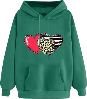 Valentines Day Hoodies for Women Love Heart Graphic Sweatshirt Drawstring Oversized Hoodie Cute Pullover with Pockets