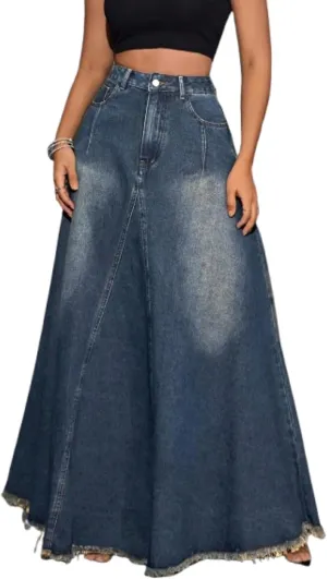 VCM Y2k Skirt Denim Skirt Women Maxi Skirt with Pockets A-Line Skirt High Waisted Skirt Jean Skirts Hem Flared Skirts