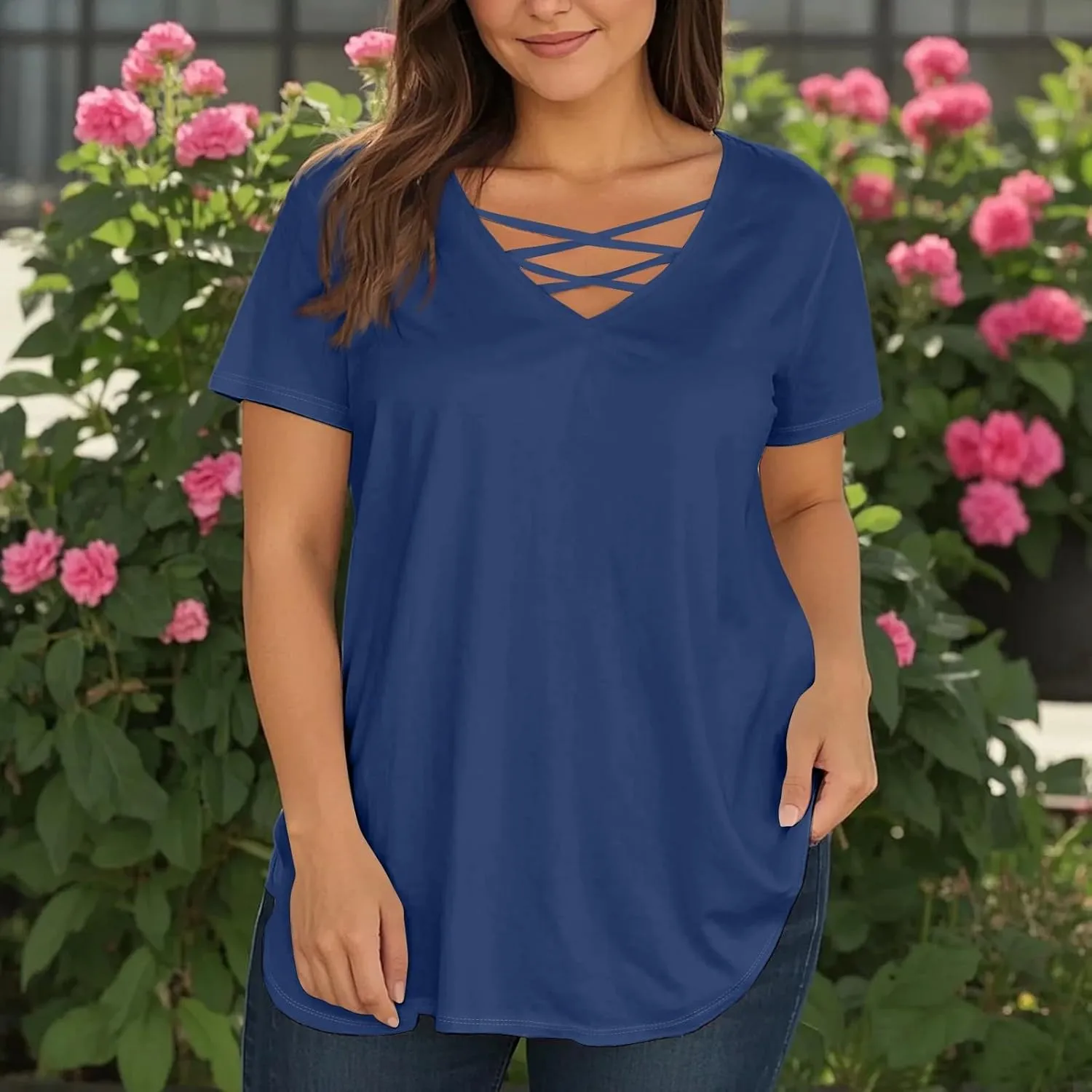 Vestidos De Verano para Mujer 2025 Casual Loose Elegant Short Sleeve V-Neck Solid Shirt Tops Outfits, L-4XL