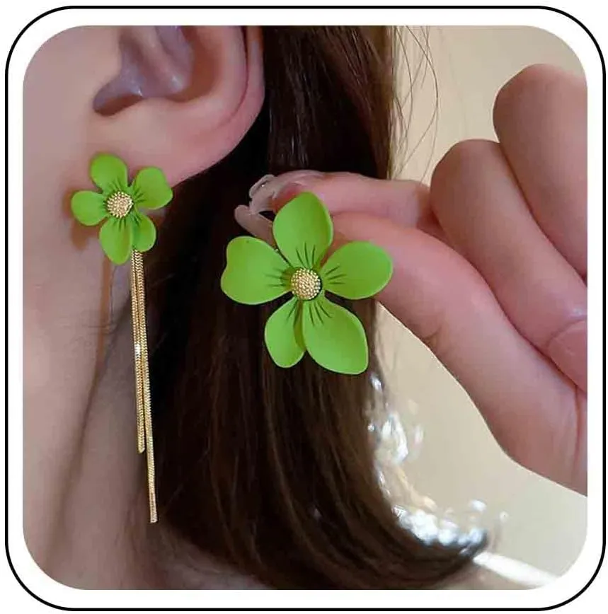 Vintage Green Flower Stud Earrings Green Enamel Flower Earrings Matte Floral Earrings Long Tassel Chain Drop Earrings Asymmetrical Flower Earrings for Women