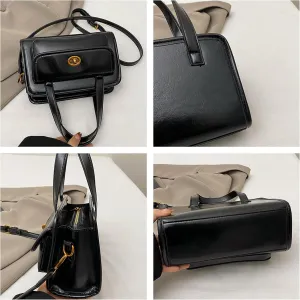Vintage Solid Color Crossbody Bag Classic Structured Handbag, Faux Leather Satchel with Gold-Tone Lock
