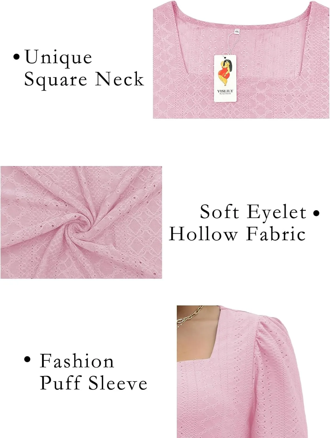 VISLILY Womens-Plus-Size-Summer-Tops Square Neck T Shirts Puff Short Sleeve Blouses Eyelet Tunics XL-5XL