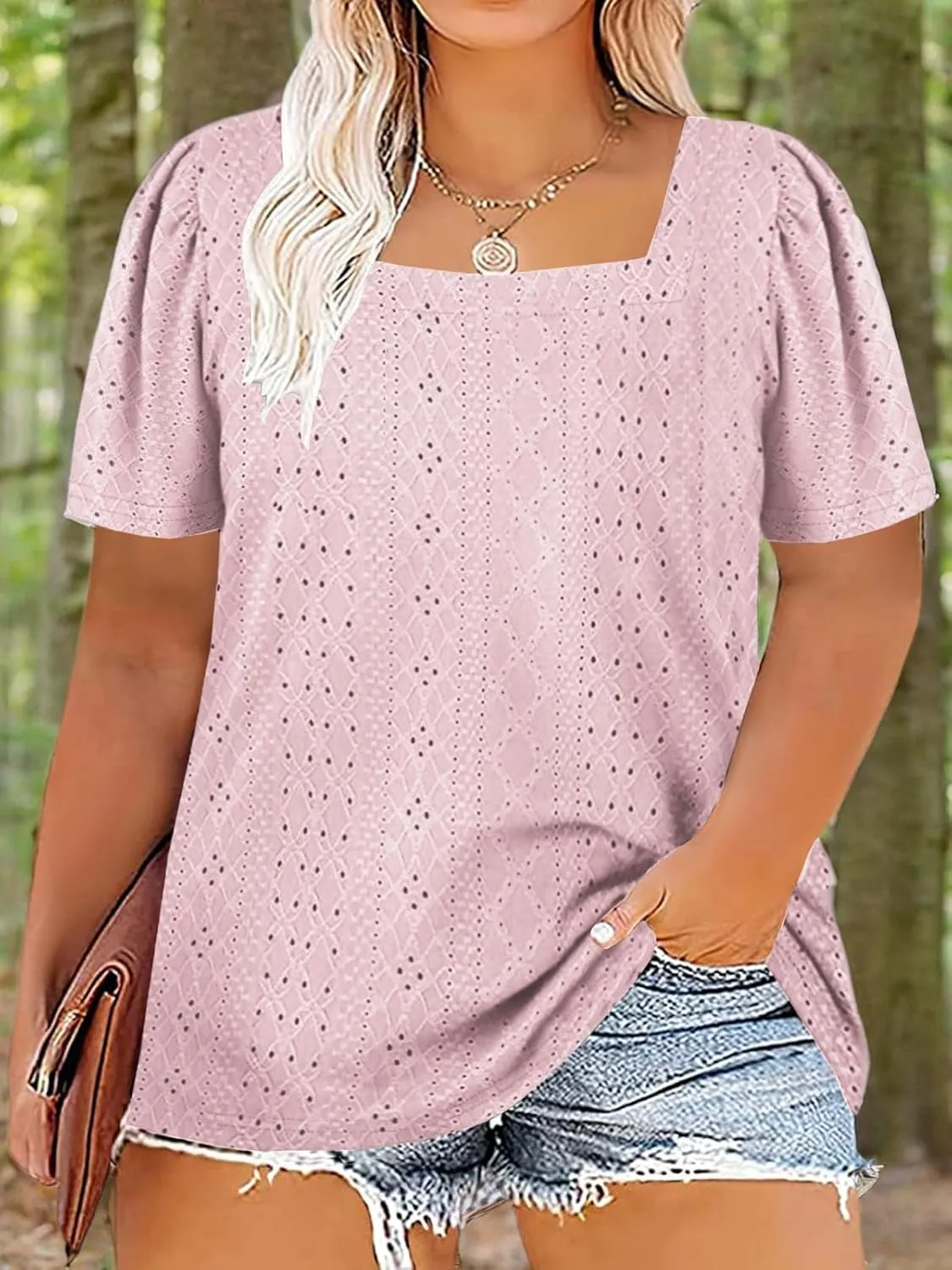 VISLILY Womens-Plus-Size-Summer-Tops Square Neck T Shirts Puff Short Sleeve Blouses Eyelet Tunics XL-5XL