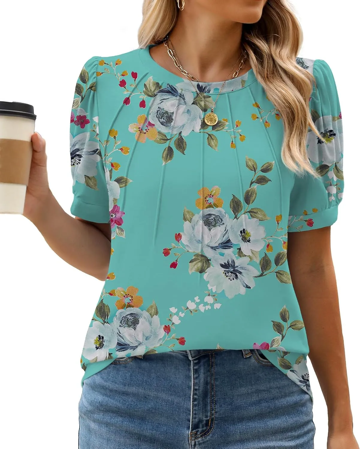 WEACZZY Womens Puff Short Sleeve Tops Dressy Casual Crew Neck Pleated T Shirts Cute Blouse Tunic Top Fashion Clothes 2025