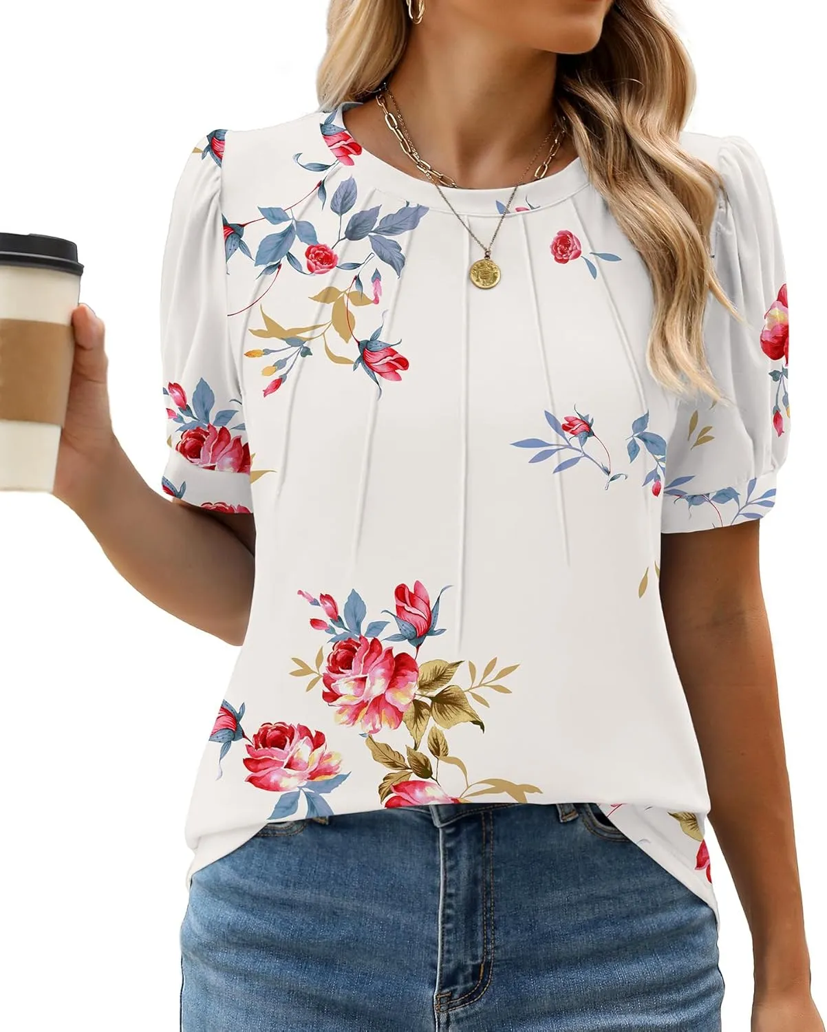 WEACZZY Womens Puff Short Sleeve Tops Dressy Casual Crew Neck Pleated T Shirts Cute Blouse Tunic Top Fashion Clothes 2025