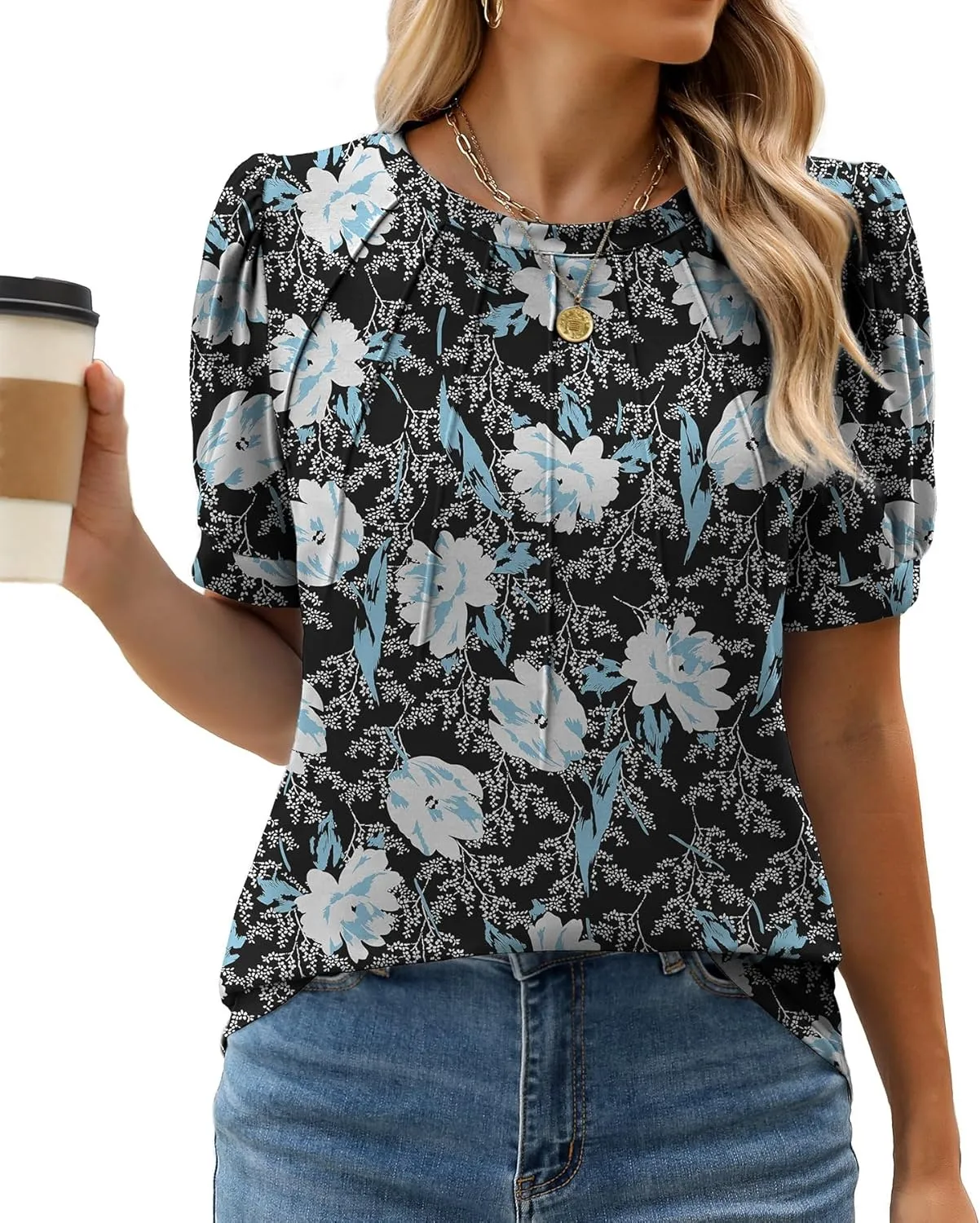 WEACZZY Womens Puff Short Sleeve Tops Dressy Casual Crew Neck Pleated T Shirts Cute Blouse Tunic Top Fashion Clothes 2025