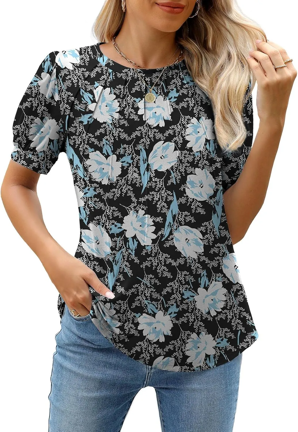 WEACZZY Womens Puff Short Sleeve Tops Dressy Casual Crew Neck Pleated T Shirts Cute Blouse Tunic Top Fashion Clothes 2025