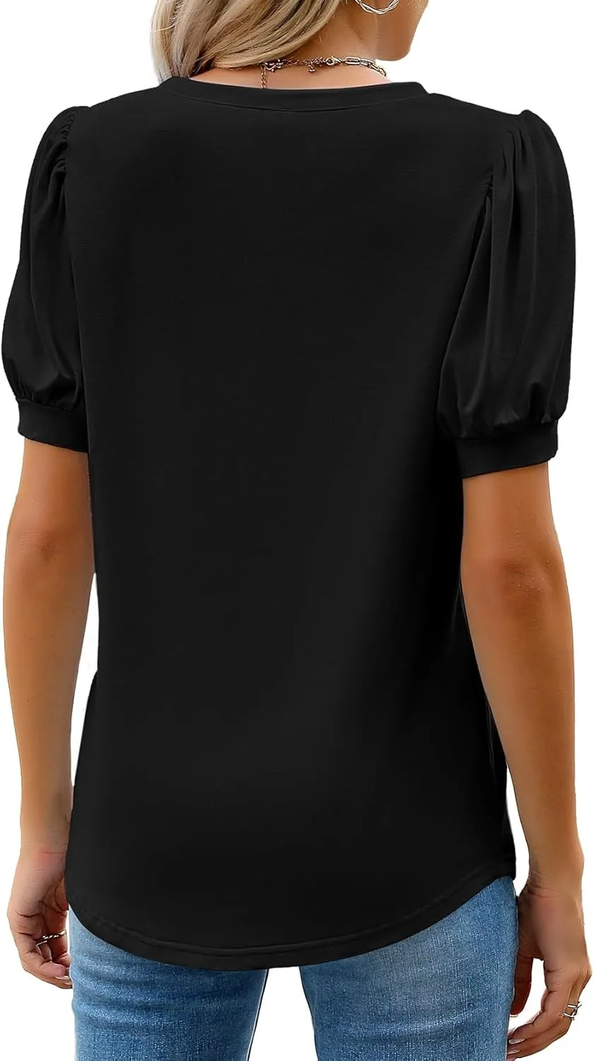 WEACZZY Womens Puff Short Sleeve Tops Dressy Casual Crew Neck Pleated T Shirts Cute Blouse Tunic Top Fashion Clothes 2025