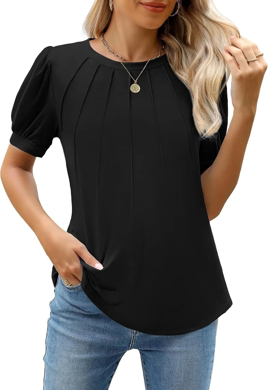 WEACZZY Womens Puff Short Sleeve Tops Dressy Casual Crew Neck Pleated T Shirts Cute Blouse Tunic Top Fashion Clothes 2025