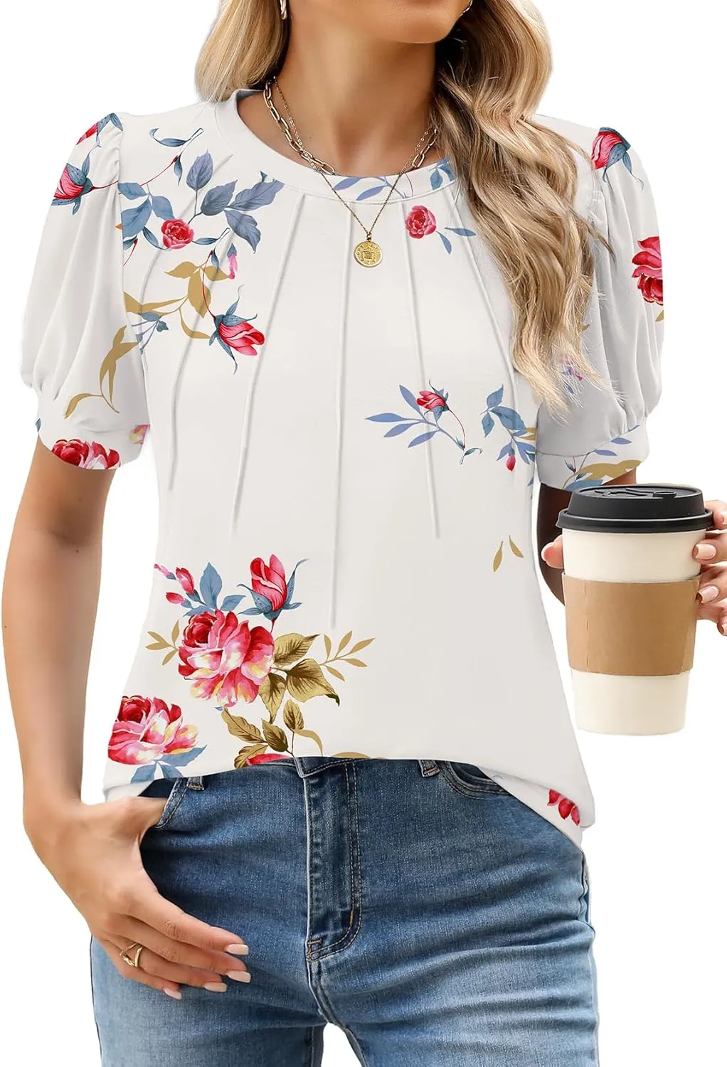 WEACZZY Womens Puff Short Sleeve Tops Dressy Casual Crew Neck Pleated T Shirts Cute Blouse Tunic Top Fashion Clothes 2025