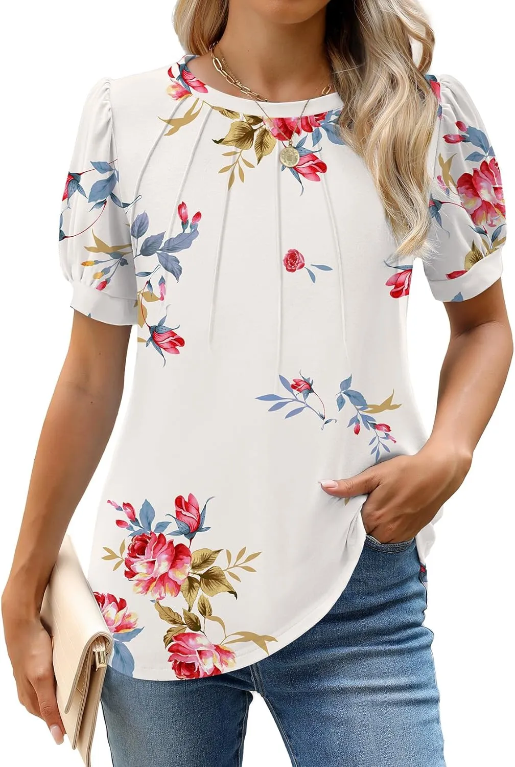 WEACZZY Womens Puff Short Sleeve Tops Dressy Casual Crew Neck Pleated T Shirts Cute Blouse Tunic Top Fashion Clothes 2025