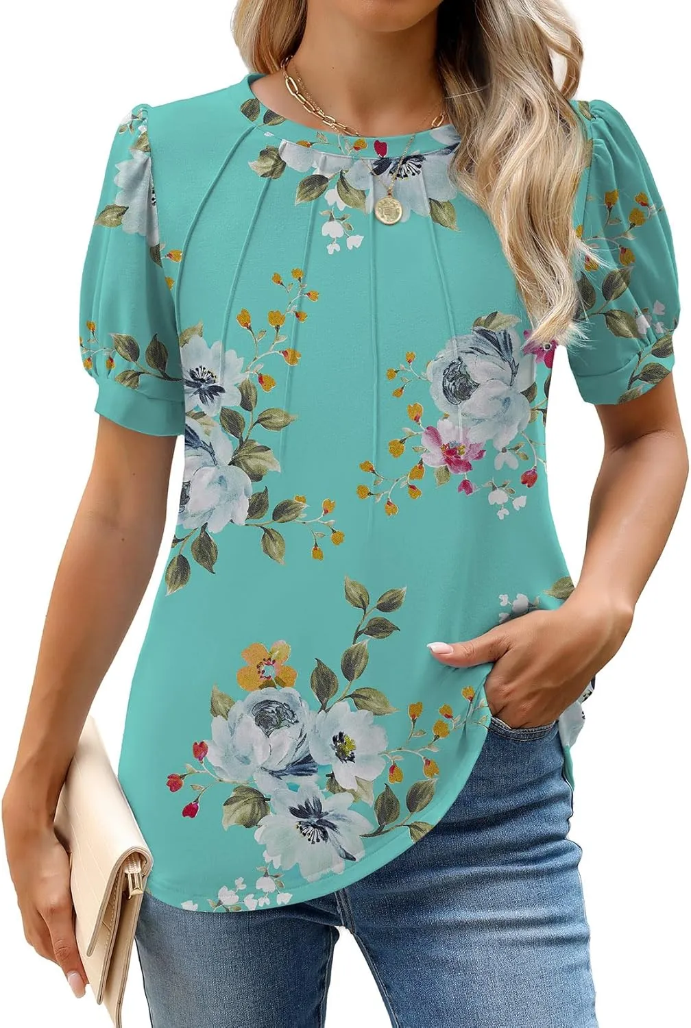 WEACZZY Womens Puff Short Sleeve Tops Dressy Casual Crew Neck Pleated T Shirts Cute Blouse Tunic Top Fashion Clothes 2025