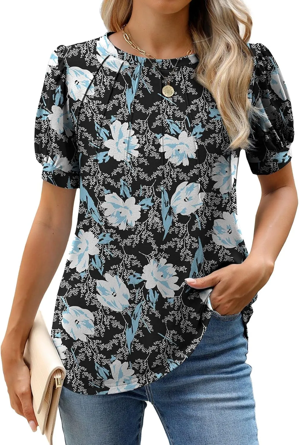 WEACZZY Womens Puff Short Sleeve Tops Dressy Casual Crew Neck Pleated T Shirts Cute Blouse Tunic Top Fashion Clothes 2025